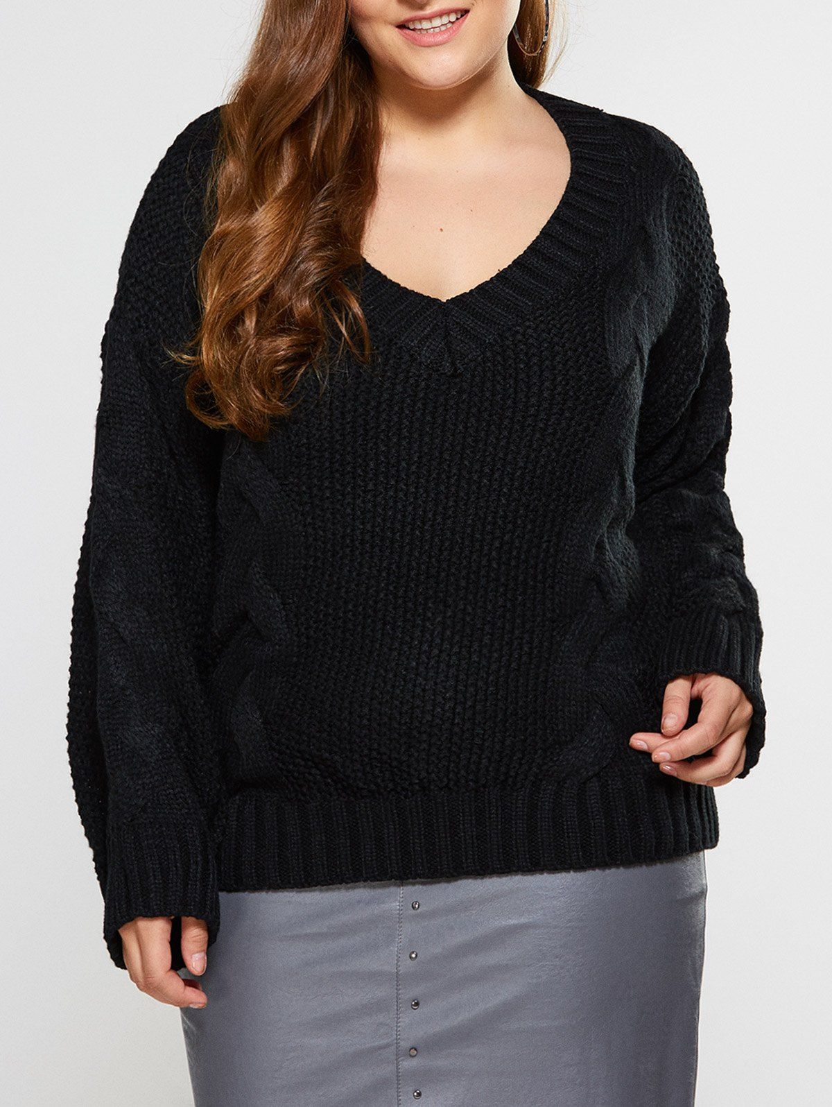 [17 OFF] 2021 V Neck Cable Knit Sweater In BLACK DressLily