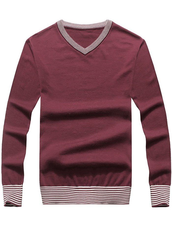 

V Neck Striped Hem Pullover Sweater, Burgundy