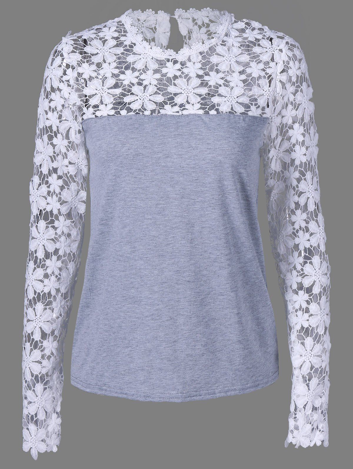 

Lace Insert Sheer Slim Fit T-Shirt, Gray