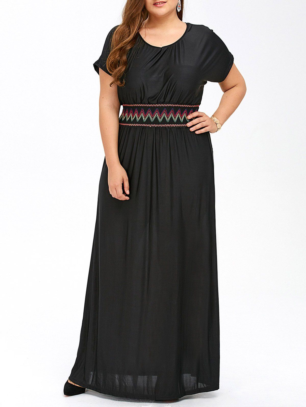 

Plus Size Maxi Prom Dress with Short Sleeves, Black
