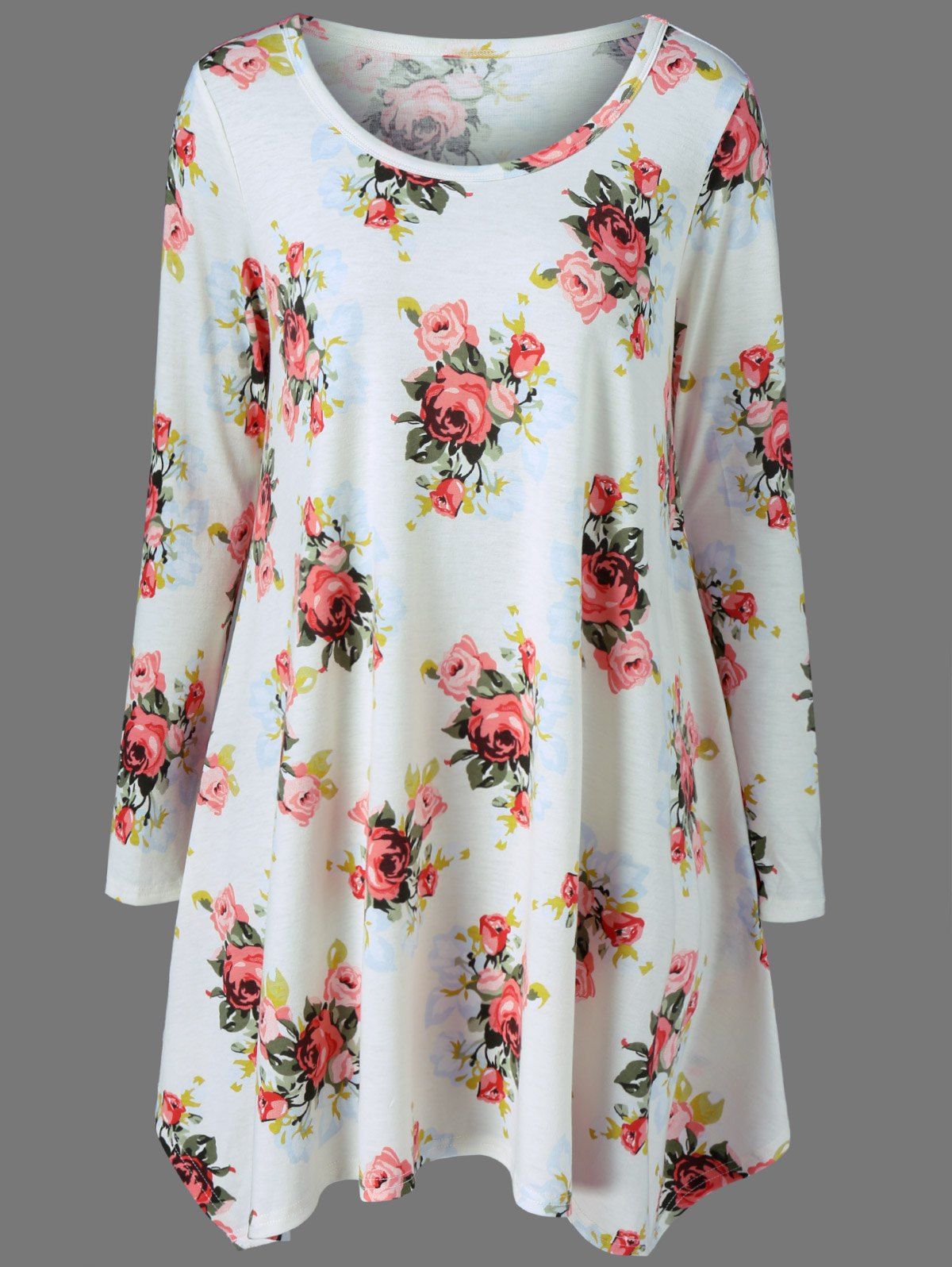 

Long Sleeve Floral Tee Tunic Skater Dress, White