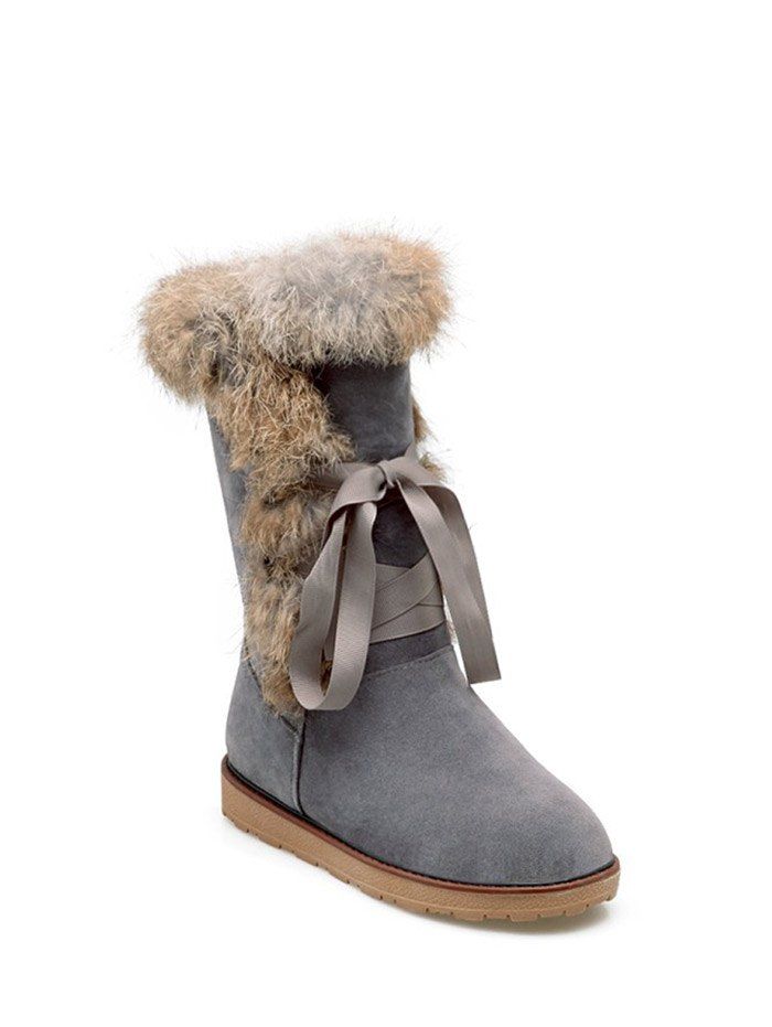 

Faux Fur Ribbon Mid Calf Snow Boots, Gray