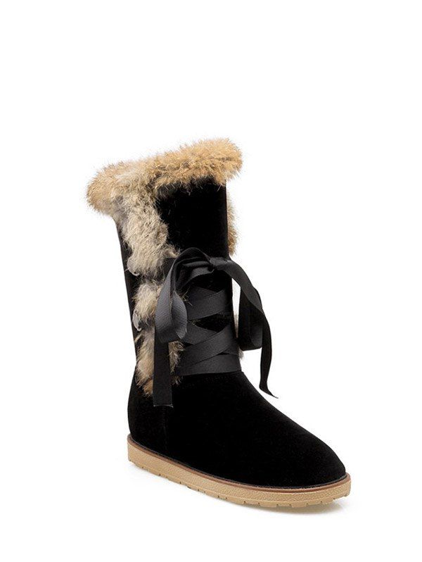 

Faux Fur Ribbon Mid Calf Snow Boots, Black