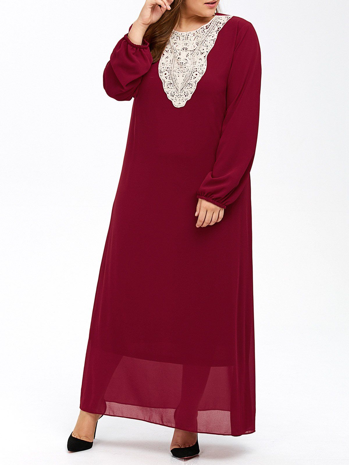 

Plus Size Lace Insert Maxi Long Sleeve Dress, Wine red