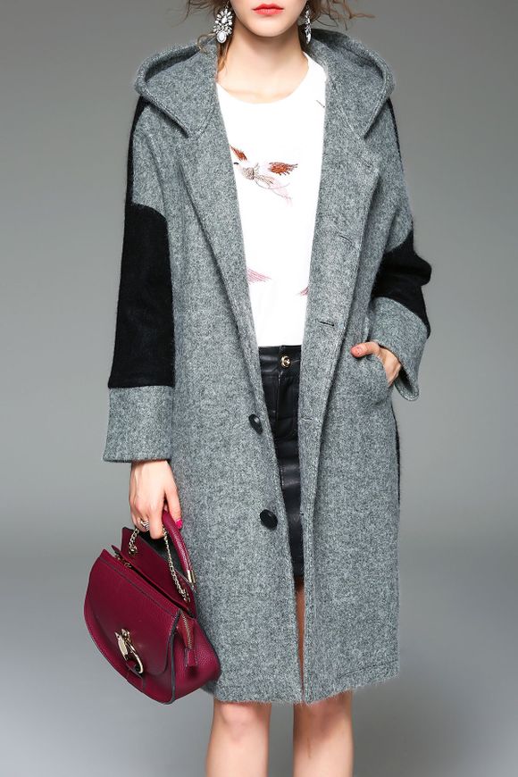 Color Block Hooded Wool Blend Coat - Gris M