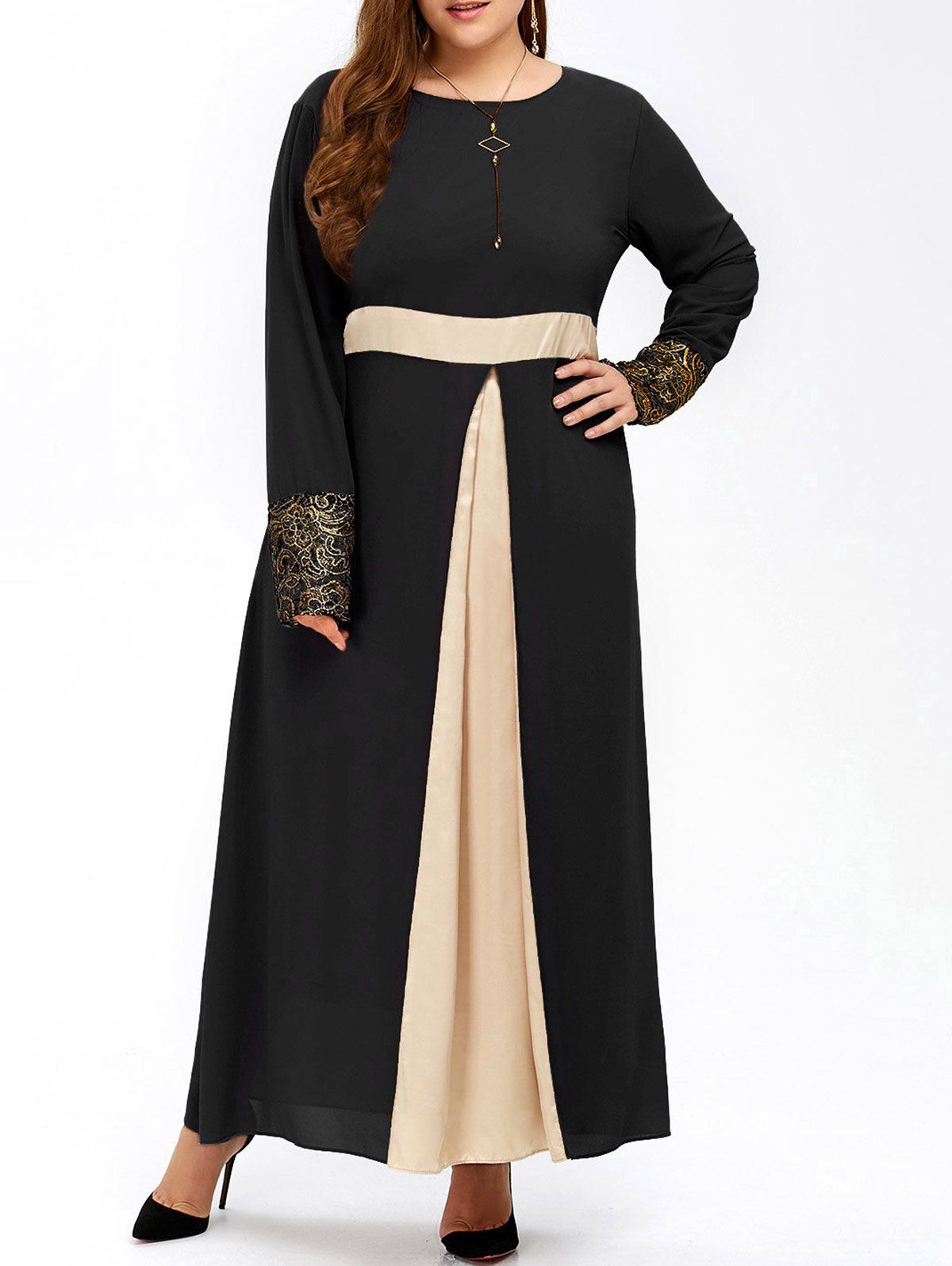 

Plus Size Long Sleeve Color Block Chiffon Maxi Dress, Black