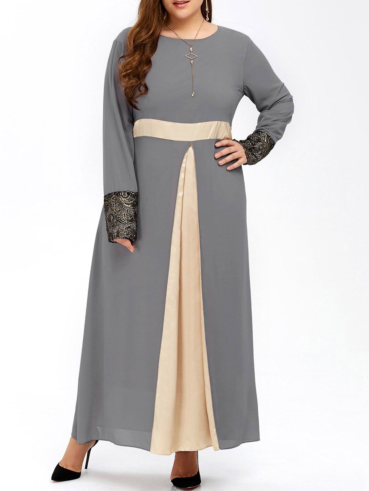 

Plus Size Long Sleeve Color Block Chiffon Maxi Dress, Gray