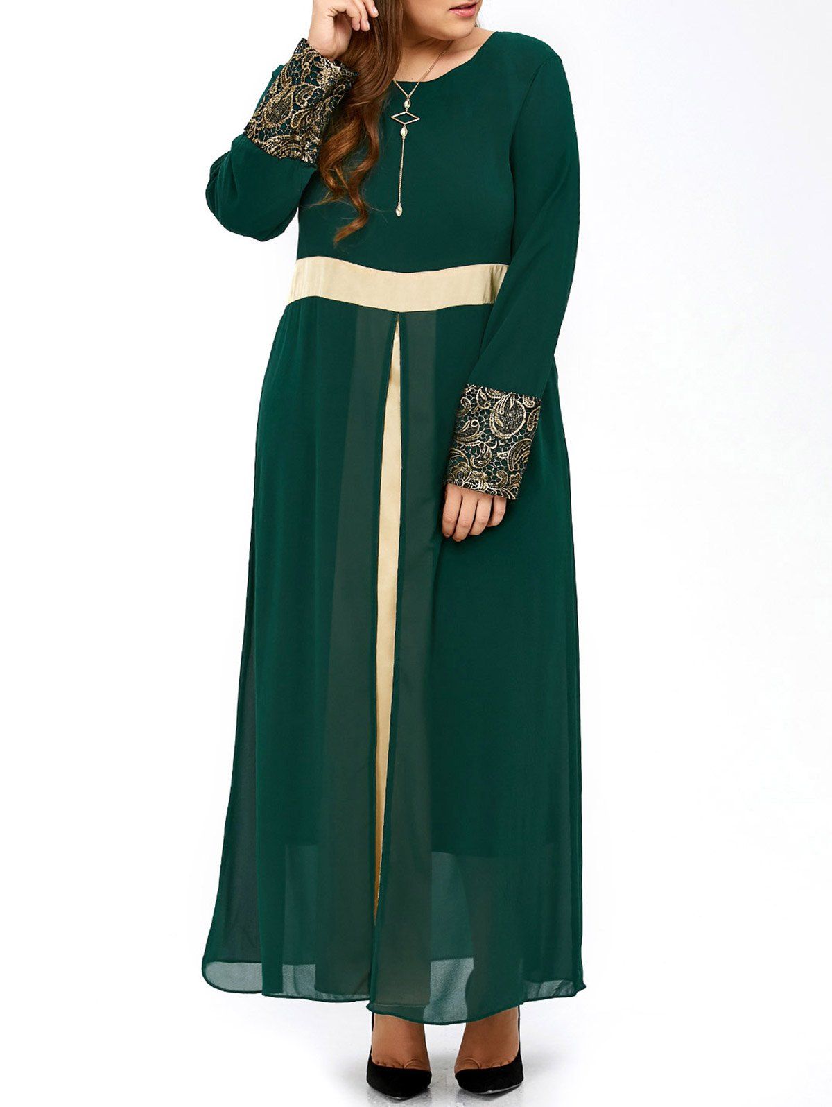 

Plus Size Long Sleeve Color Block Chiffon Maxi Dress, Blackish green