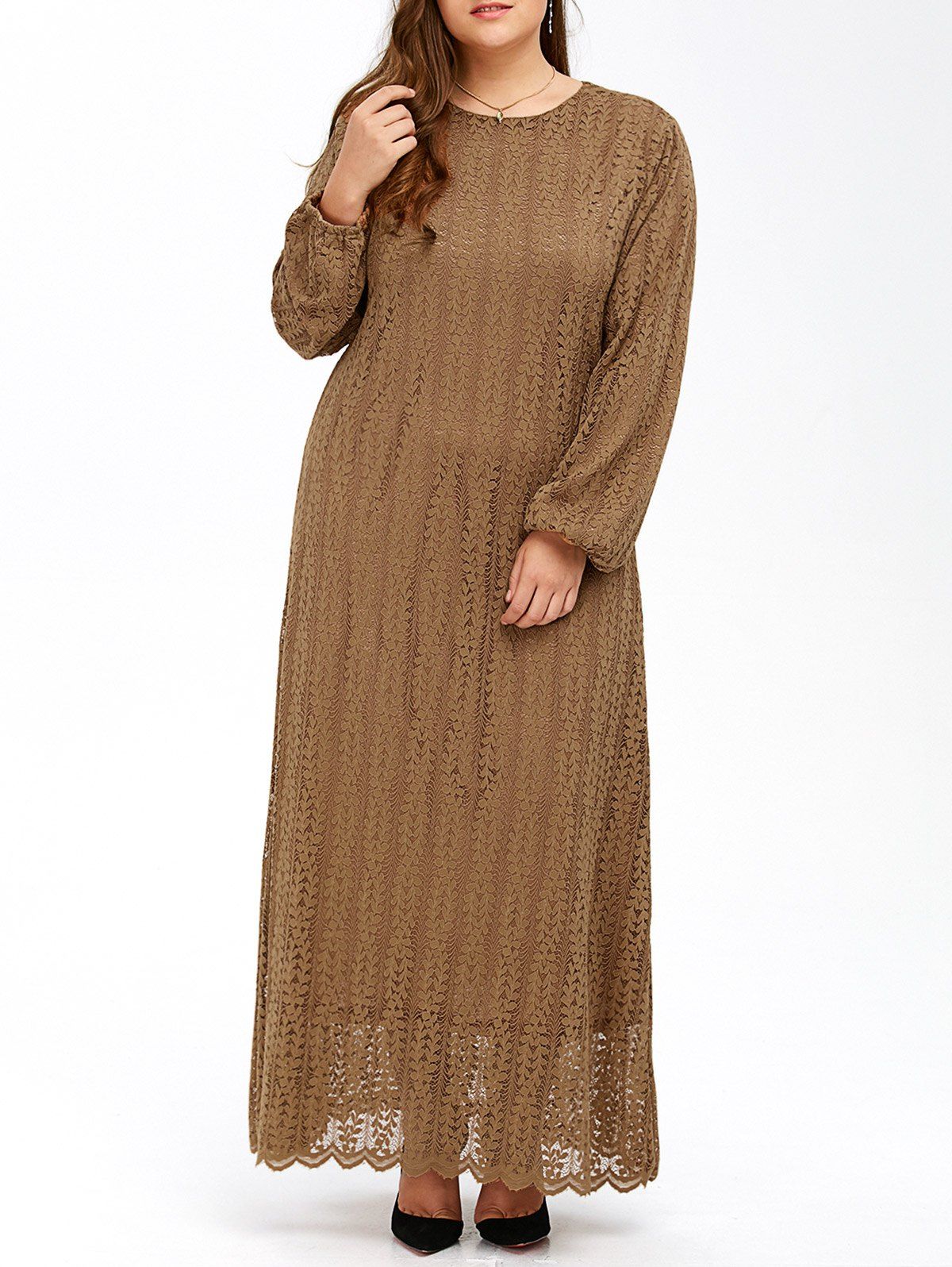 

Plus Size Maxi Long Sleeve Lace Dress, Khaki