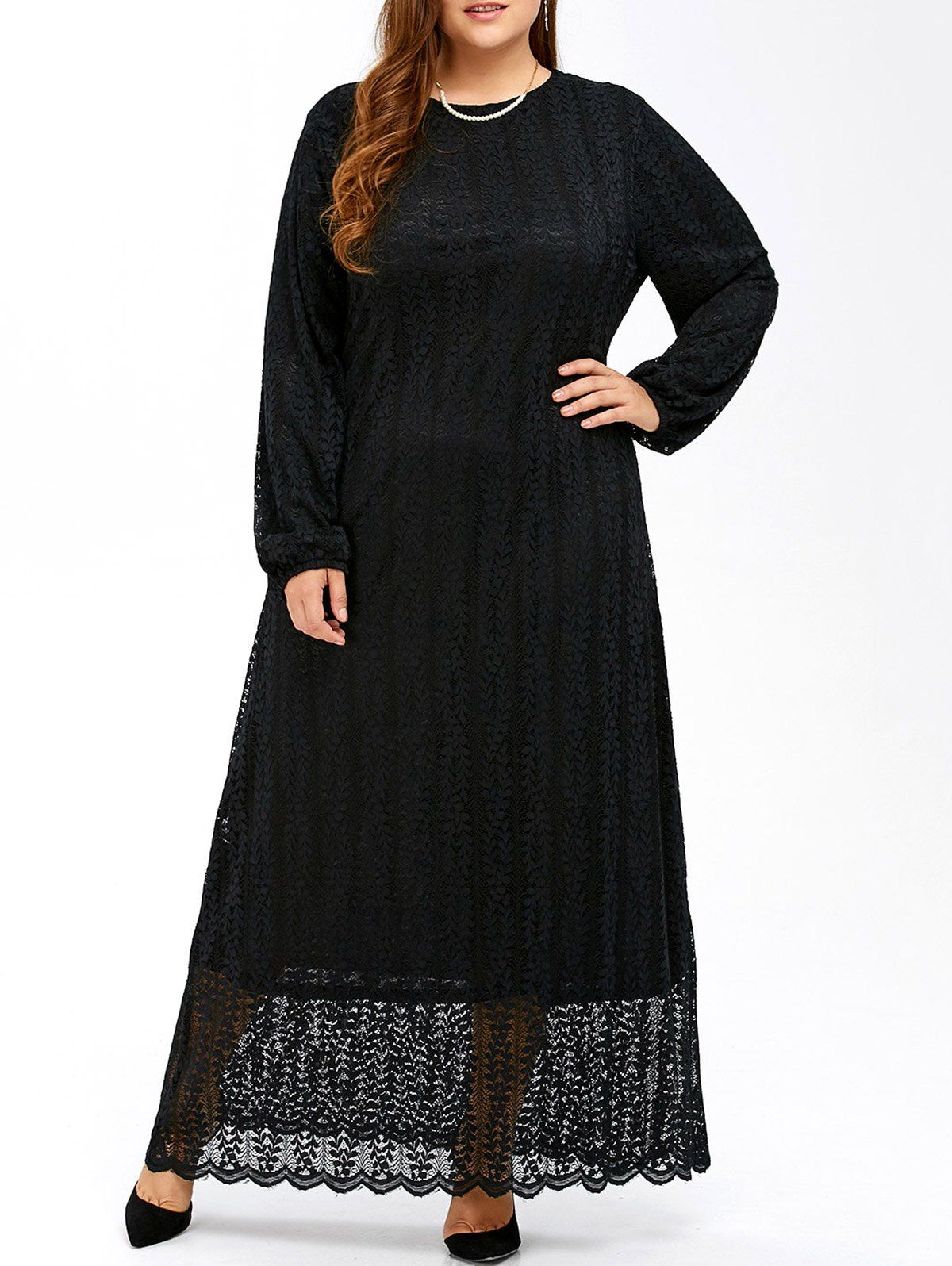 

Plus Size Maxi Long Sleeve Lace Dress, Black