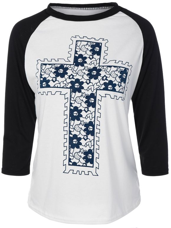 Floral Cross Pateern Raglan manches T-shirt - Blanc S