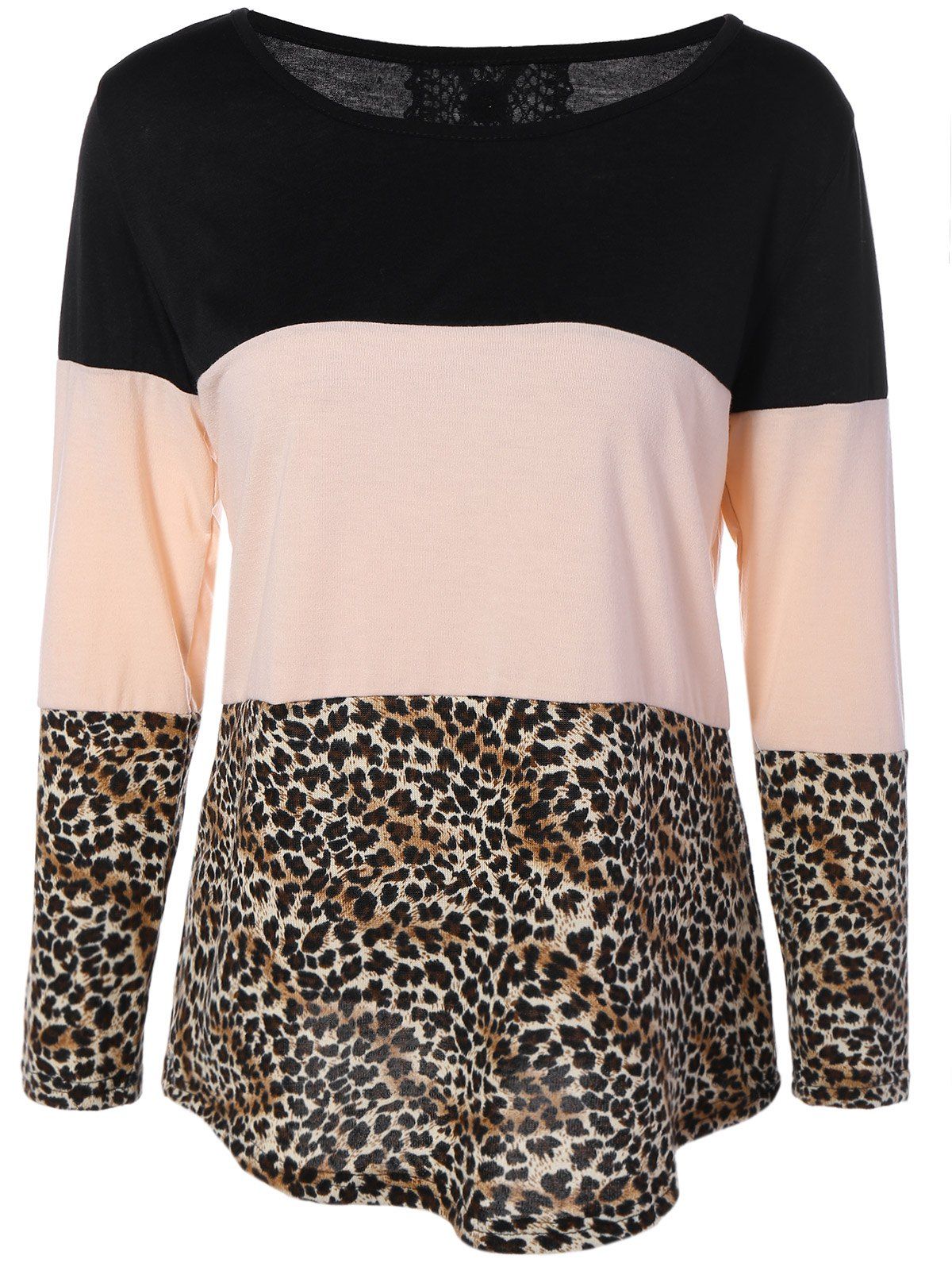 Back Lace Spliced Button Embellished Leopard Print T-Shirt - COLORMIX S