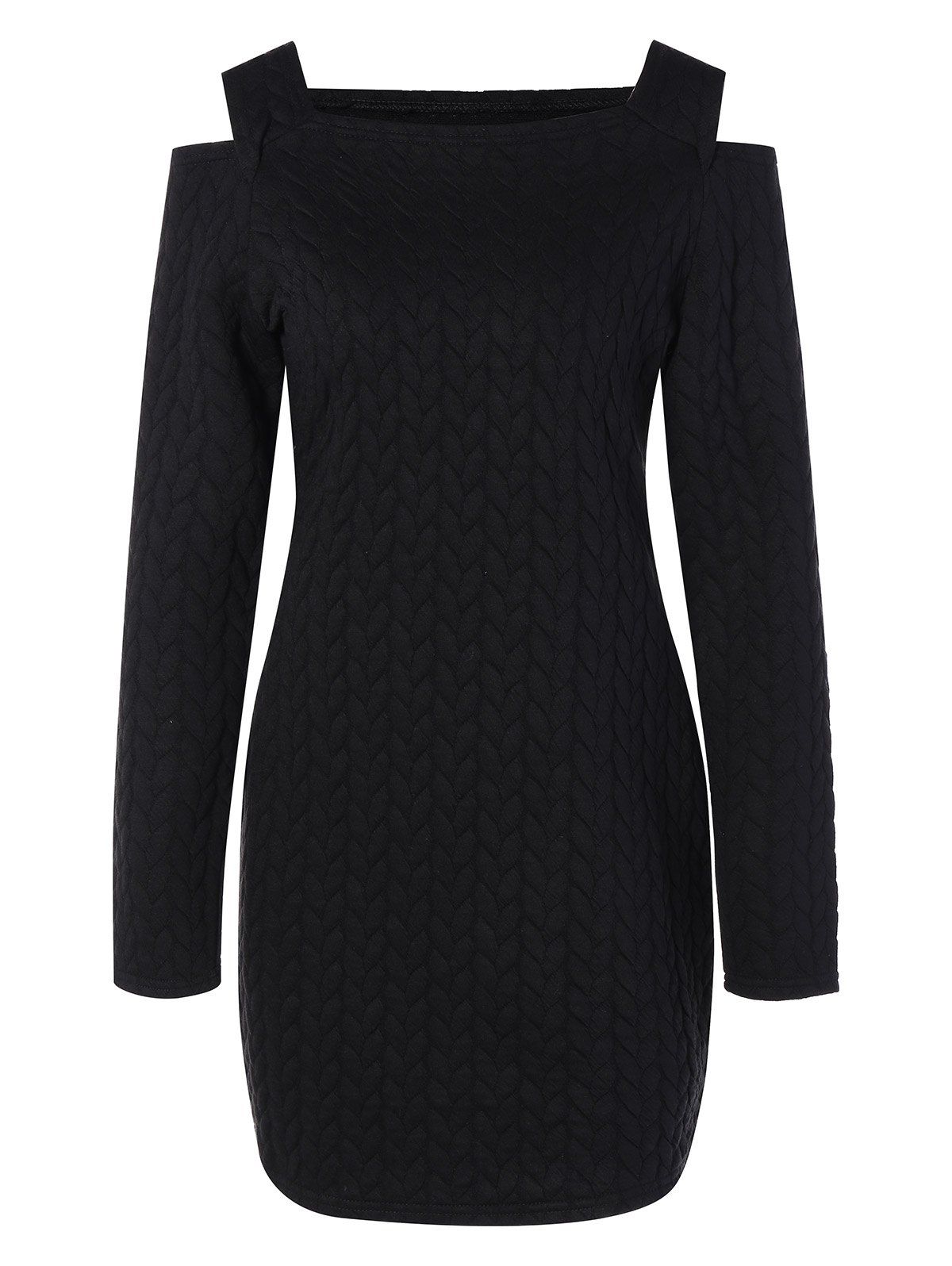 

Long Sleeve Cut Out Shoulder Knurling Fitted Dress, Black