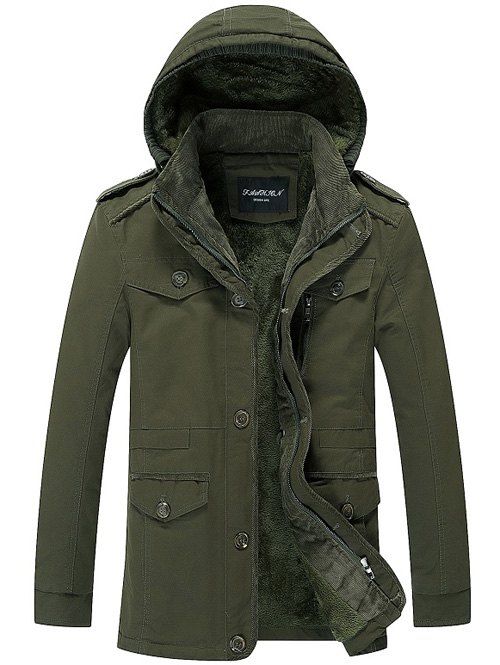 

Pocket Epaulet Design Flocking Hooded Jacket, Army green