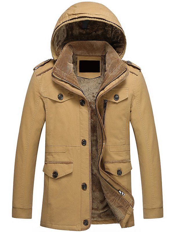 

Pocket Epaulet Design Flocking Hooded Jacket, Earthy