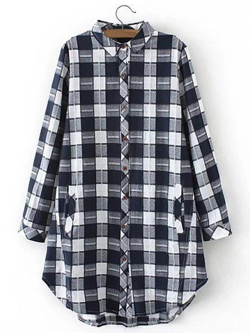 

Plus Size Flannel Long Plaid Boyfriend Shirt, White