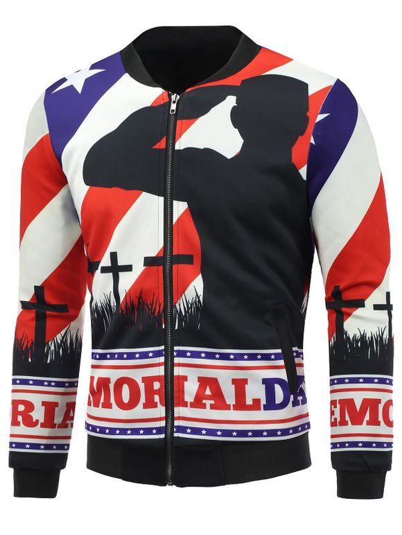 Soldat 3D et Flag Print Stand Collar Zip Up Jacket rembourré - multicolore L