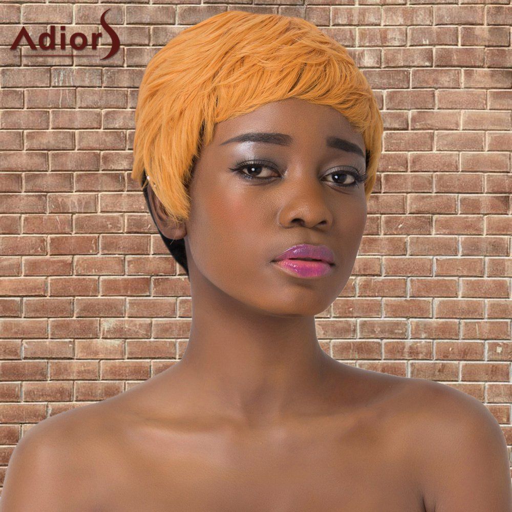 

Double Color Short Full Bang Straight Adiors Synthetic Wig, Black and golden