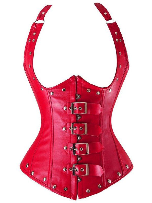 

Cupless Buckle Rivet Leather Corset, Red