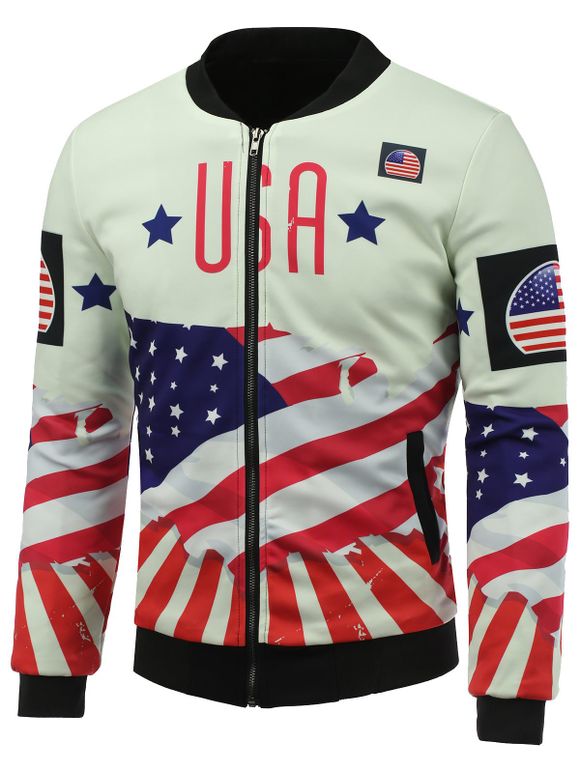 3D USA Stars and Stripes Print Stand Collar Zip Up Jacket rembourré - multicolore XL