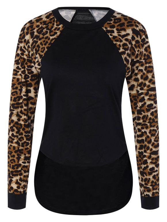 Sweat-shirt d'ourlet irrégulier à garnitures d'empreintes de léopard - Noir XL