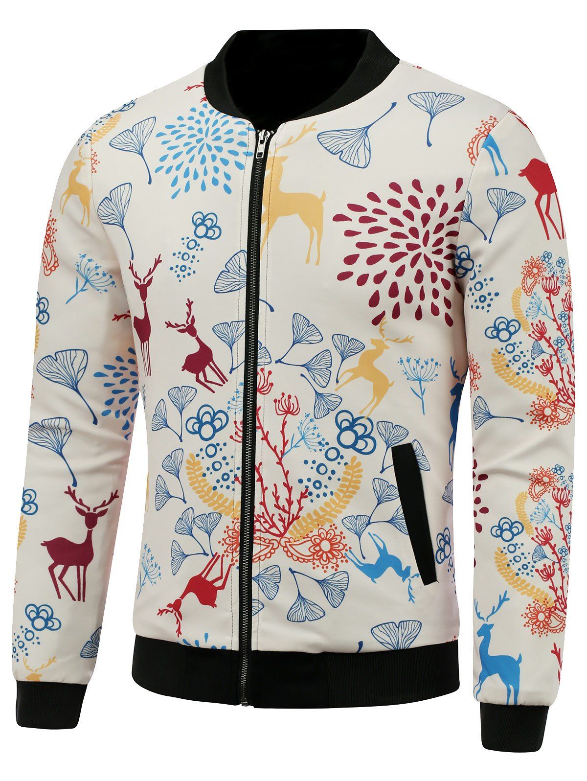 

3D Reindeer and Floral Cartoon Print Stand Collar Padded Jacket, White