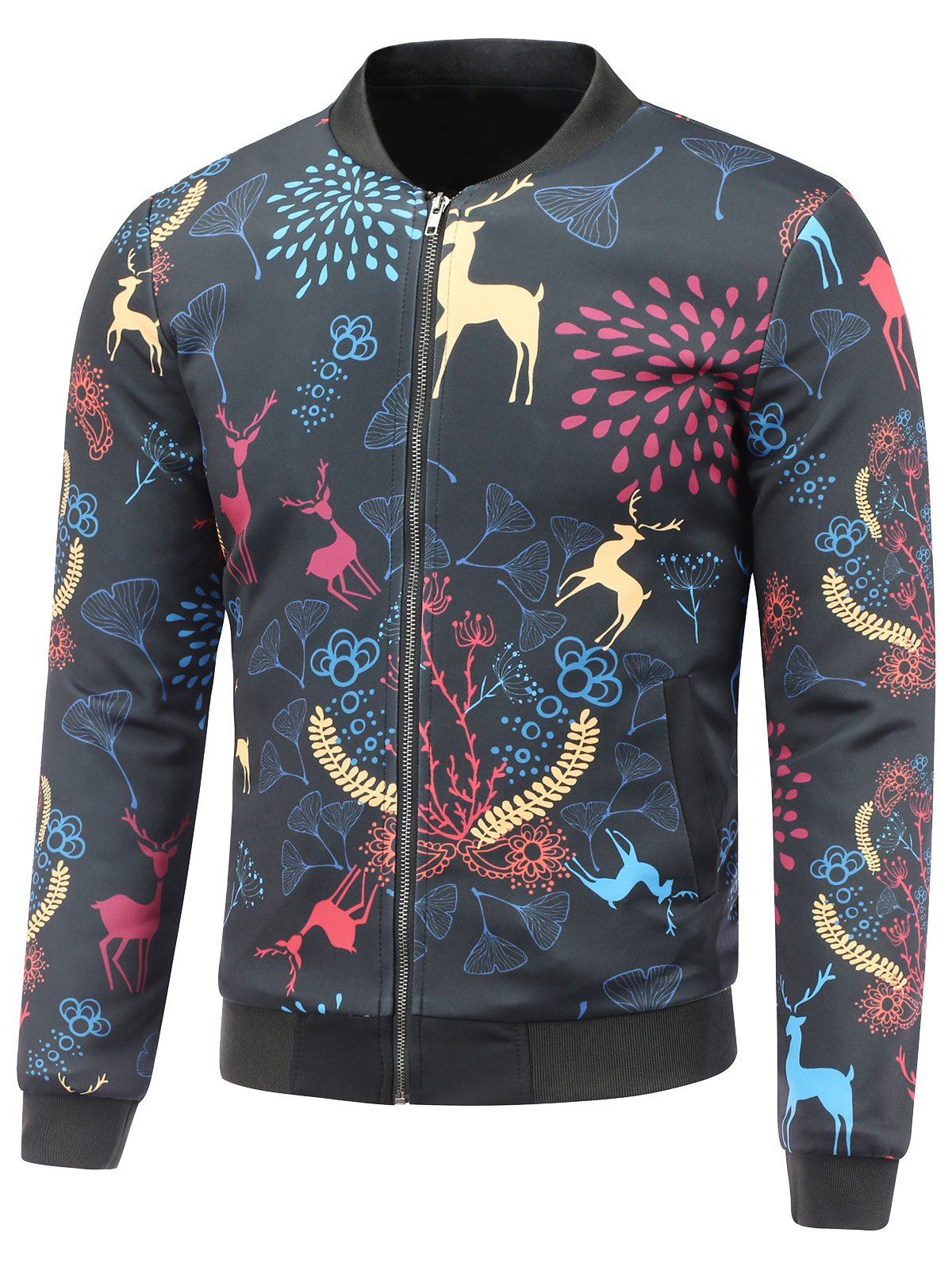 

3D Reindeer and Floral Cartoon Printed Stand Collar Padded Jacket, Black