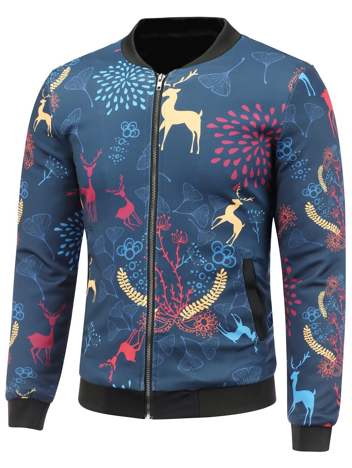 

3D Reindeer and Floral Cartoon Printed Stand Collar Padded Jacket, Cadetblue