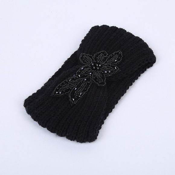 Bandeau tricoté à fleur strass infinie - Noir 