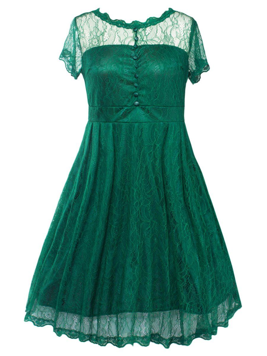 

Buttoned Swing Vintage Plus Size A Line Lace Dress, Green