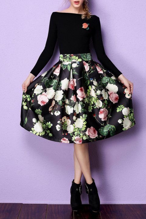 [41% OFF] 2019 Vintage Floral Tea Length Skirt In BLACK | DressLily