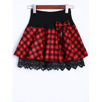 [41% OFF] 2020 Lace Insert Bowknot Plaid Mini Skirt In RED | DressLily
