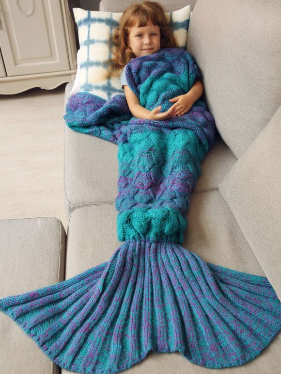 Couverture de sirène tricotée avec écailles de poisson sac de couchage pour enfants - Bleu 