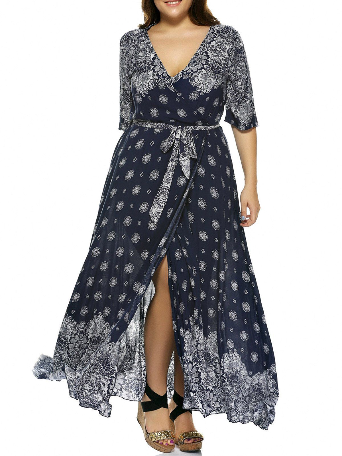 Plus Size Boho Print Flowy Beach Wrap Maxi Dress - DEEP BLUE XL