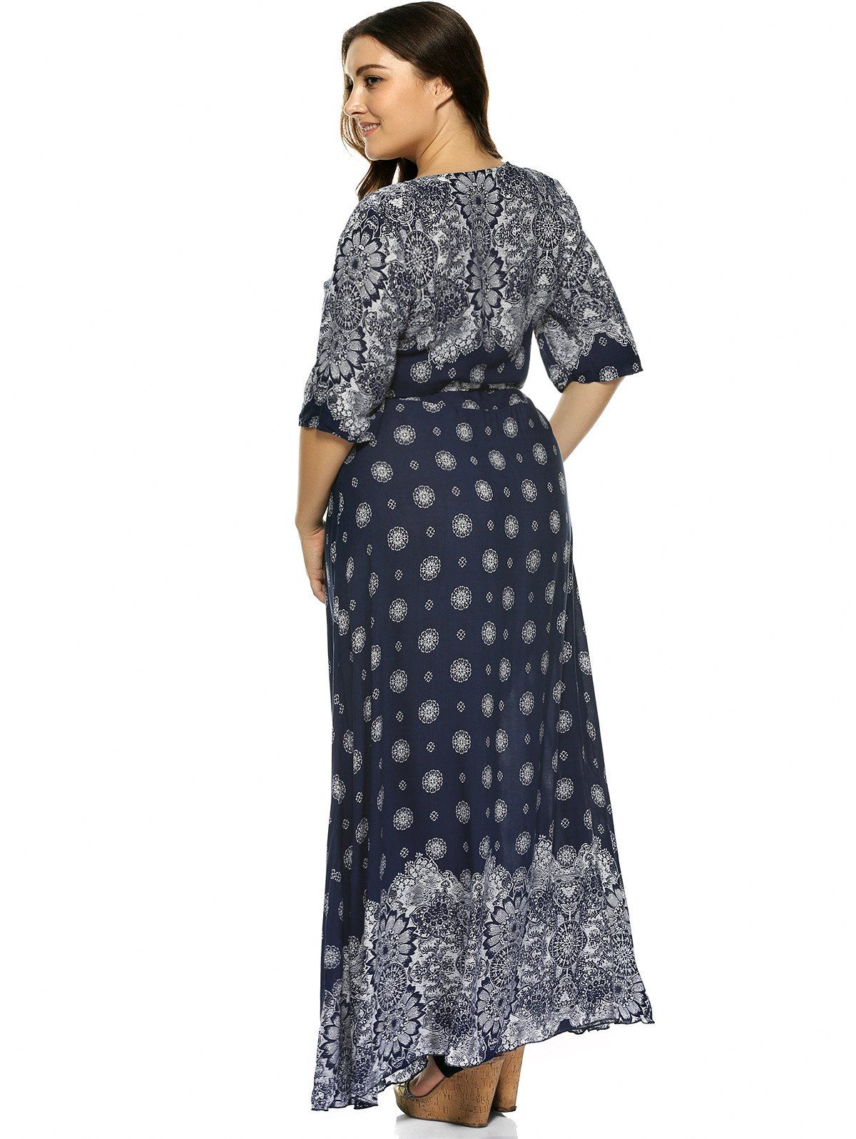 2018 Plus Size Boho Print Flowy Beach Wrap Maxi Dress DEEP BLUE XL In