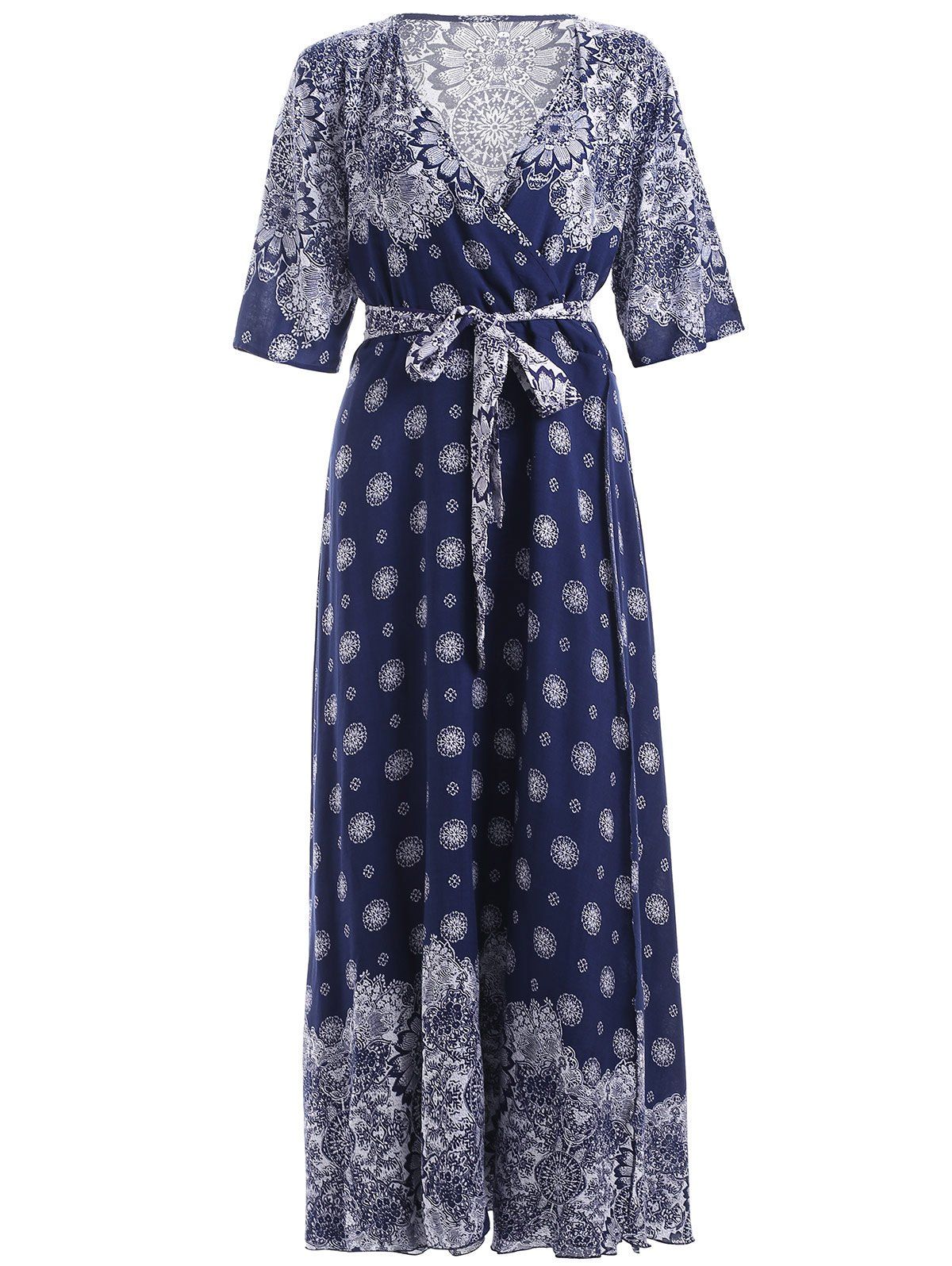 2018 Plus Size Boho Print Flowy Beach Wrap Maxi Dress DEEP BLUE XL In