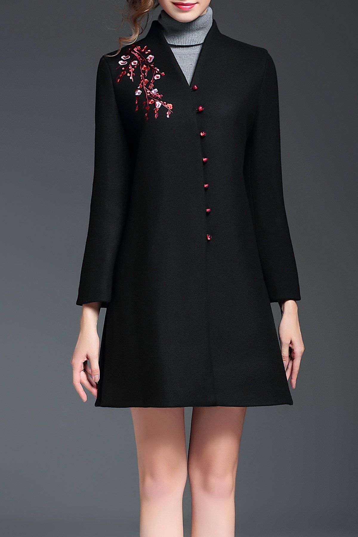 

Embroidered V Neck A Line Coat, Black