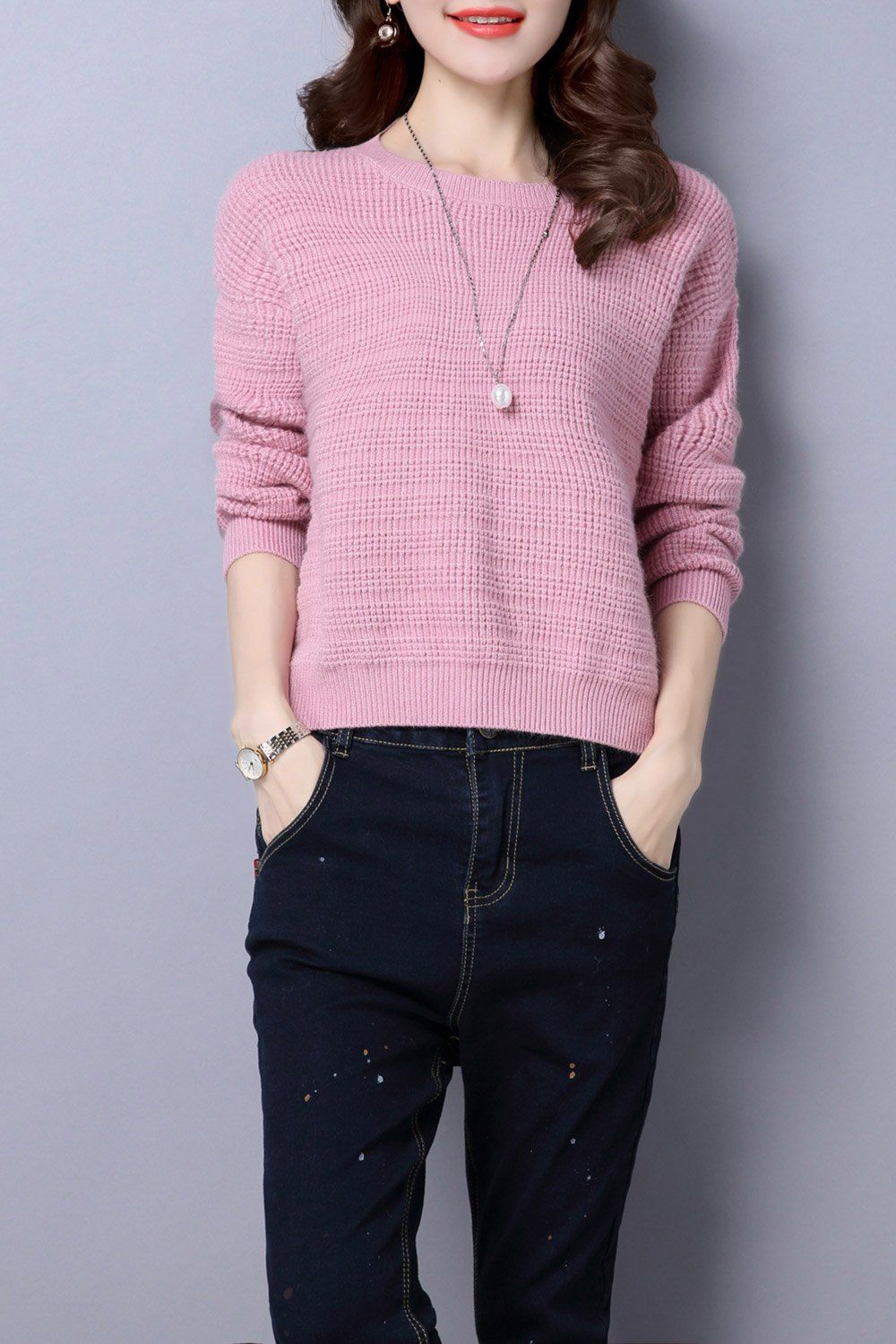 

Drop Shoulder Slit Textured Sweater, Pink