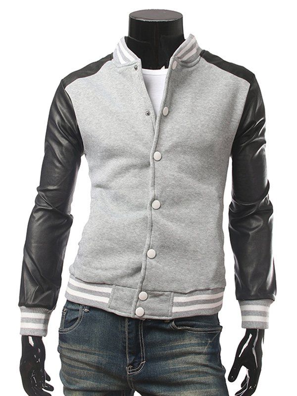 

Snap Front Striped Rib Trim Faux Leather Insert Jacket, Gray