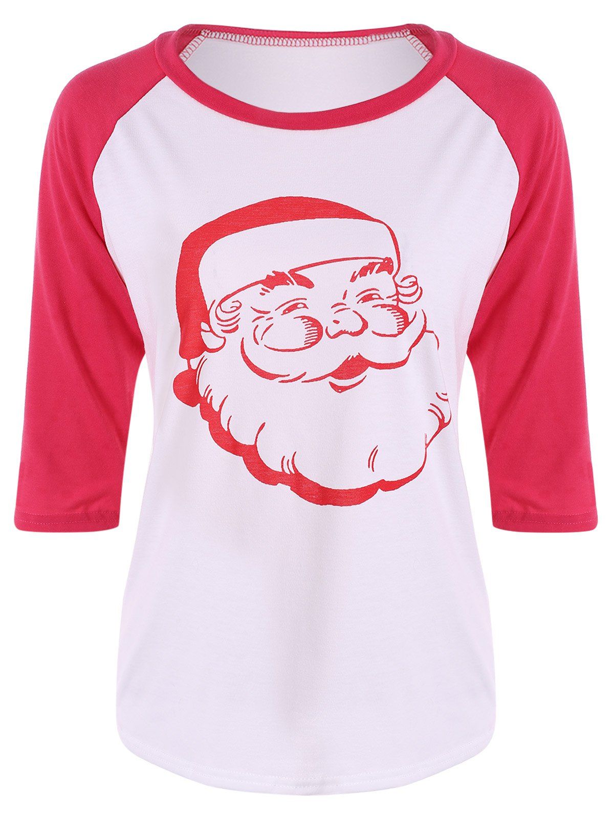 T-Shirt avec Motif Père Noël à Longues Manches Reglan Contrastantes - Rouge M