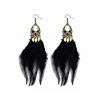 Boucles d'oreilles bohémiennes de larme avec strass  et plumes - Noir 
