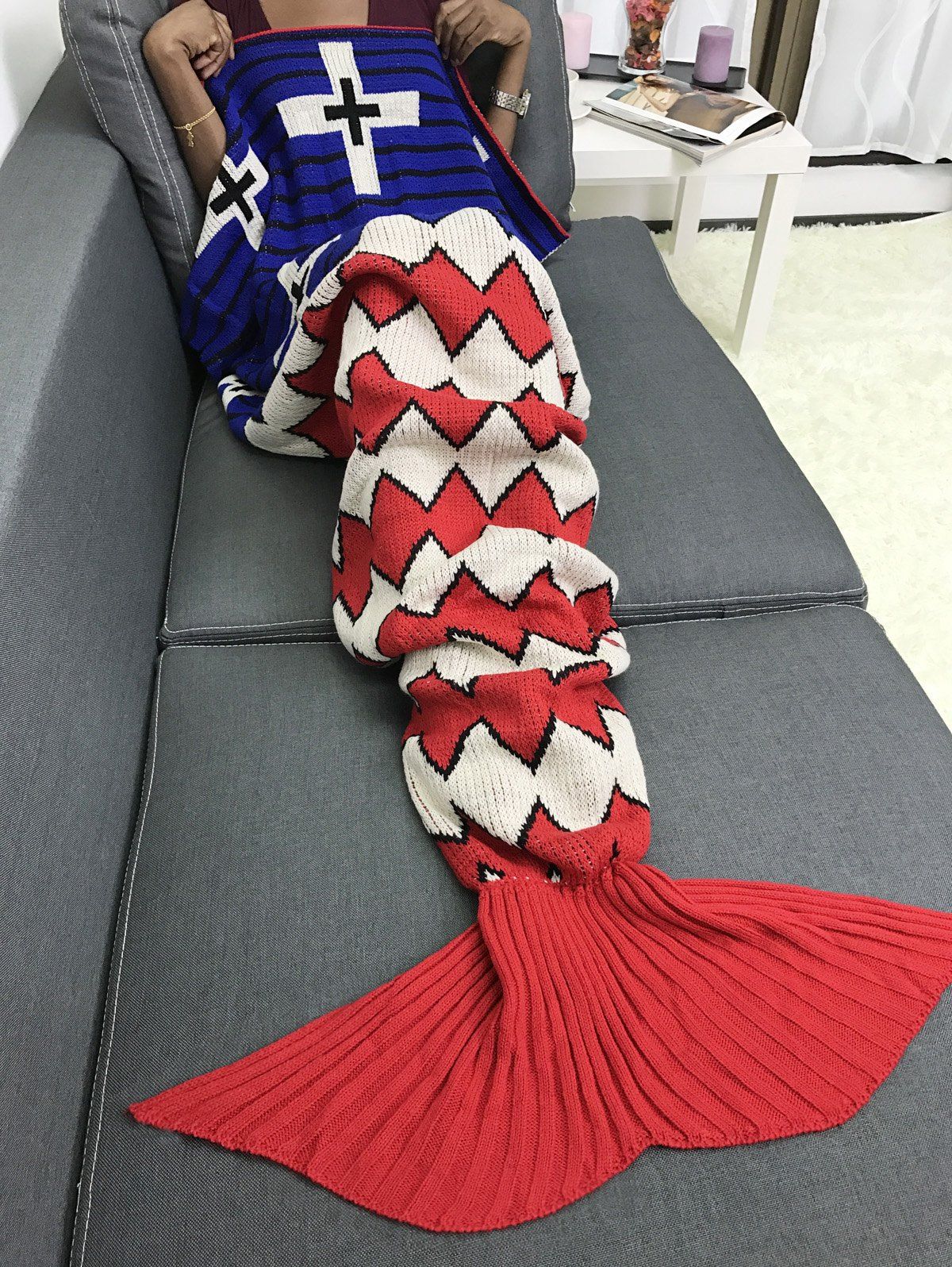

Knitted Wave Stripe Sleeping Bag Mermaid Blanket, Colormix