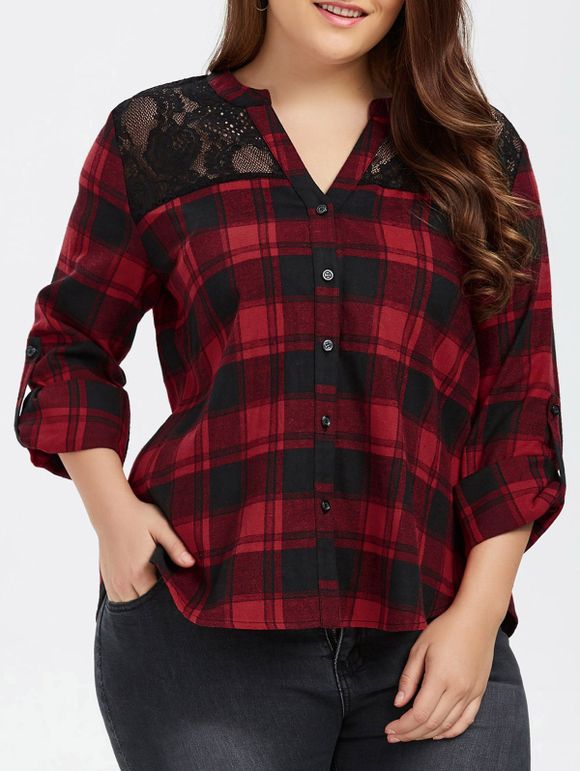 Chemise à Panneau en Dentelle Écossaie Grande Taille - Carré XL
