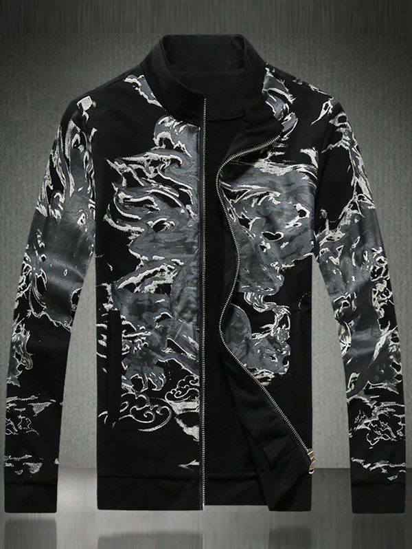 

Pocket Ink Painting Print Zip Up Jacket, Black