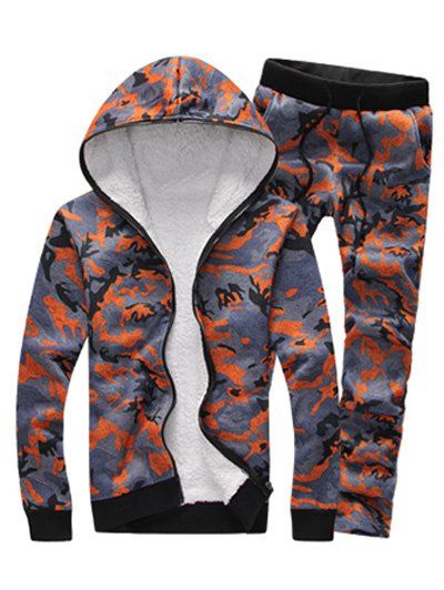 Sweat à capuche zippé et pantalon de couleur camouflage - Orange L