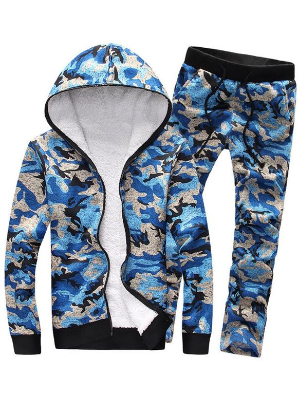 Sweat à capuche zippé et pantalon de couleur camouflage - Bleu XL