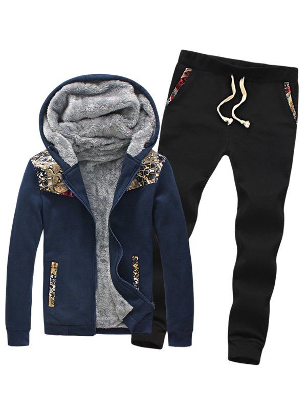 

Insert Design Zip Up Plus Size Flocking Hoodie and Pants Twinset, Black