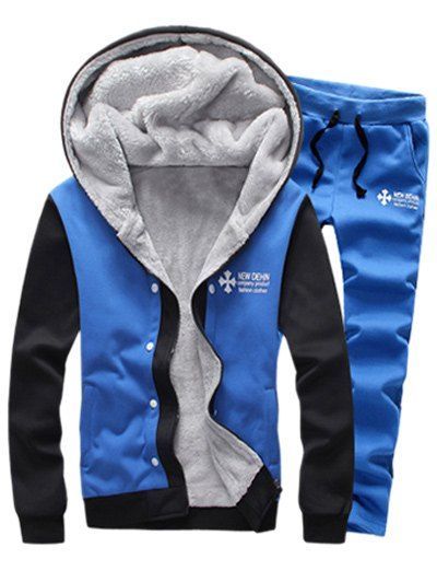 

Zip Up Color Block Plus Size Flocking Hoodie and Pants Twinset, Sky blue