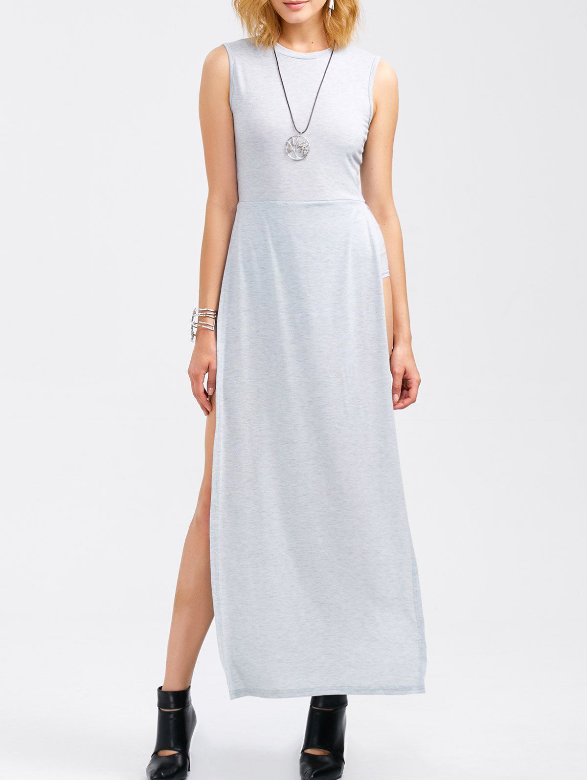 

Sleeveless Round Collar Maxi Romper, Light gray