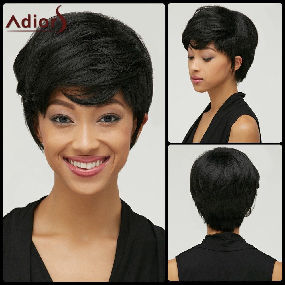 

Refreshing Women's Short Fluffy Natural Black Side Bang Synthetic Hair Wig